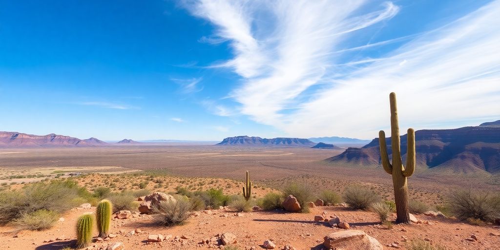 Vast desert landscape with cacti and blue sky.