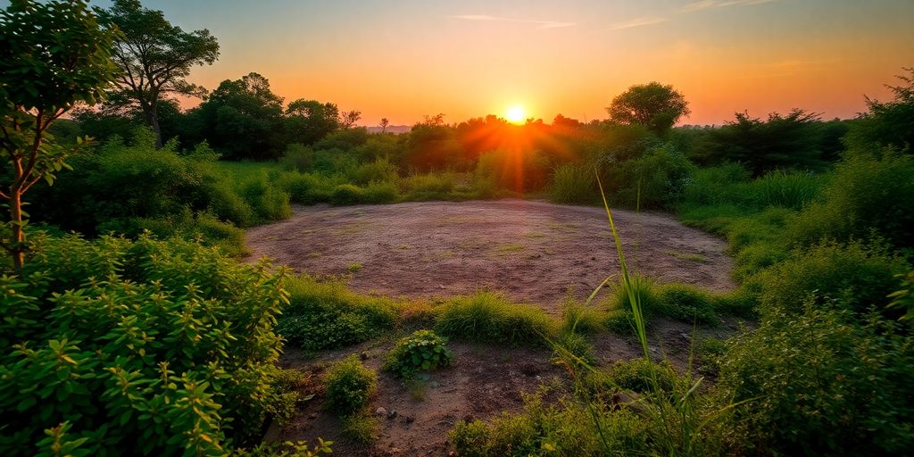 Vacant land with greenery and a sunset backdrop.