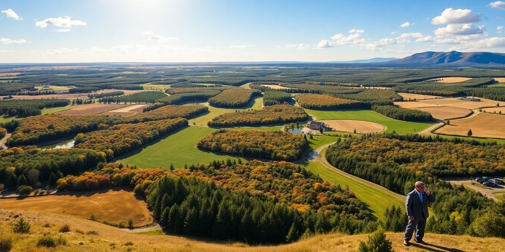 Vibrant landscape with diverse plots of land for sale.
