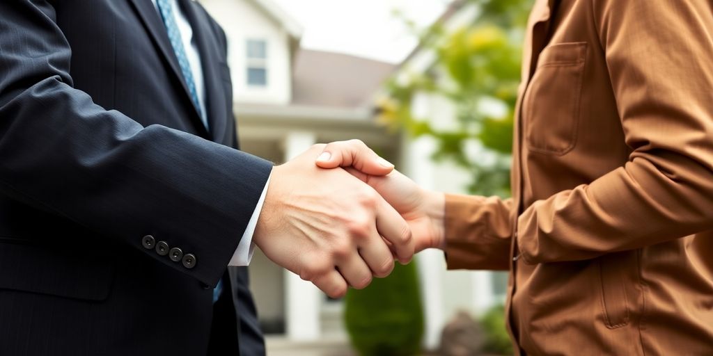 Handshake between professionals in front of a house.
