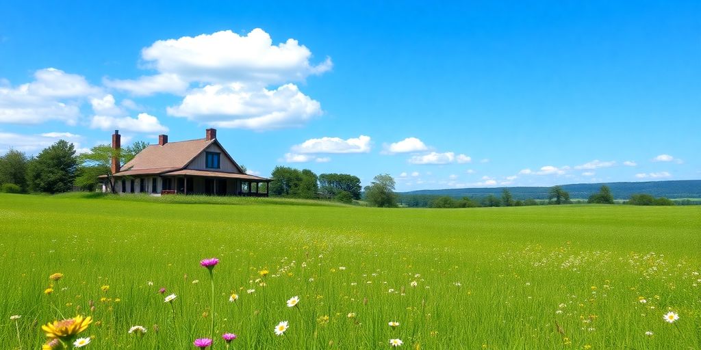Lush inherited land with a farmhouse and clear sky.