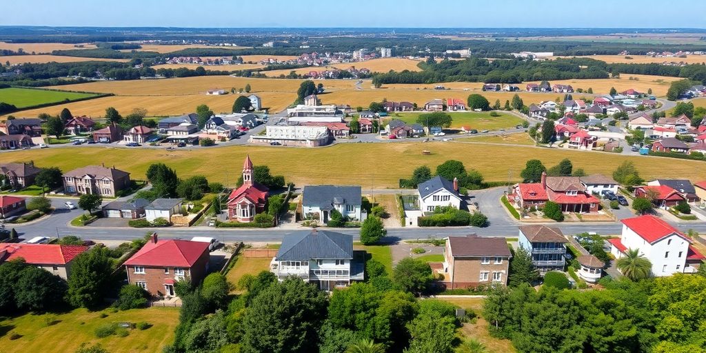 Diverse properties in a scenic landscape under a blue sky.