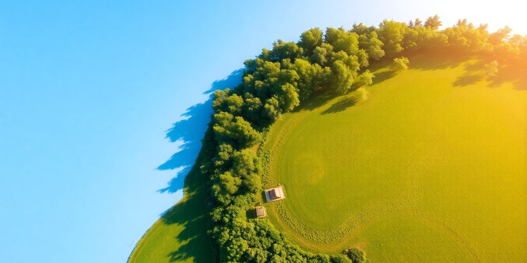 Aerial view of a lush green land plot.