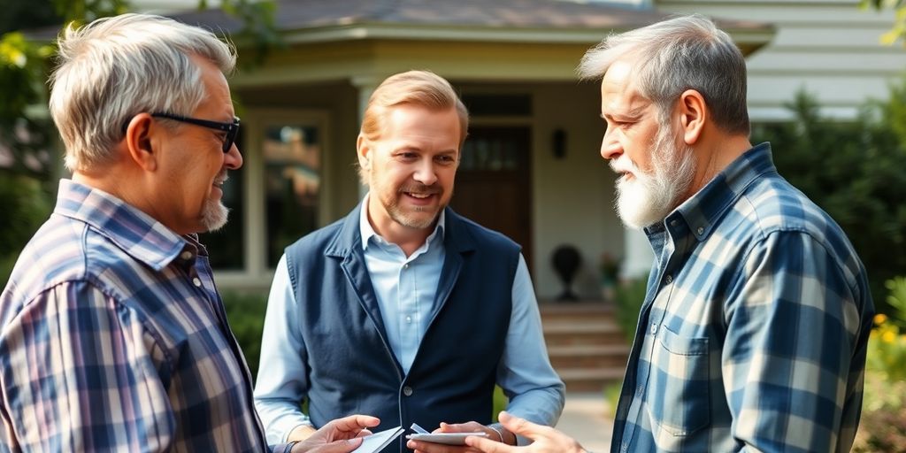 Trusted land buyer consulting with property sellers outdoors.