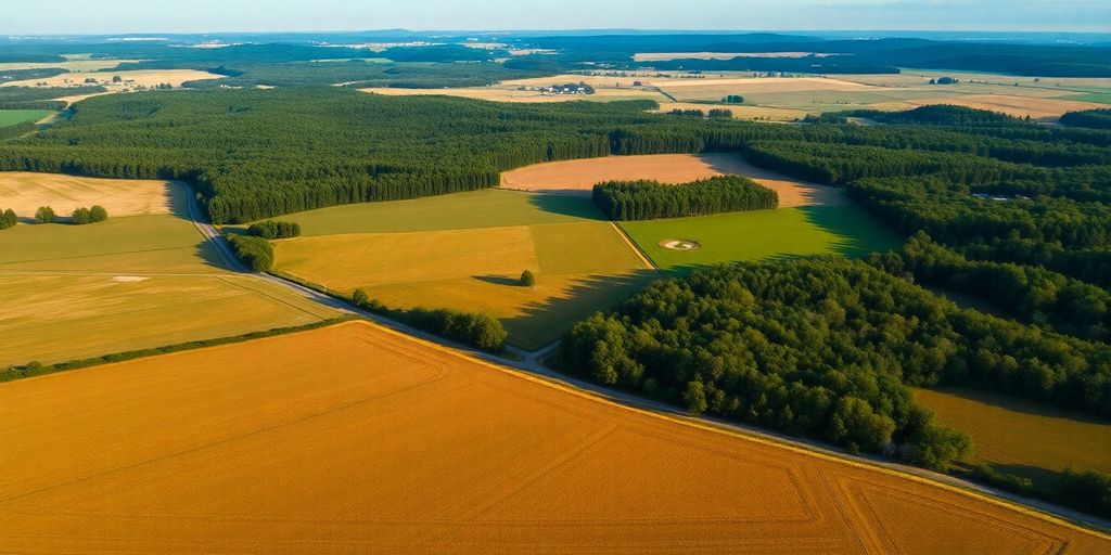Diverse landscape of fields and forests for land appraisal.