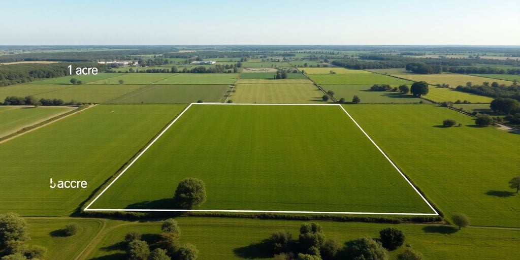 Aerial view of green land plots illustrating an acre.